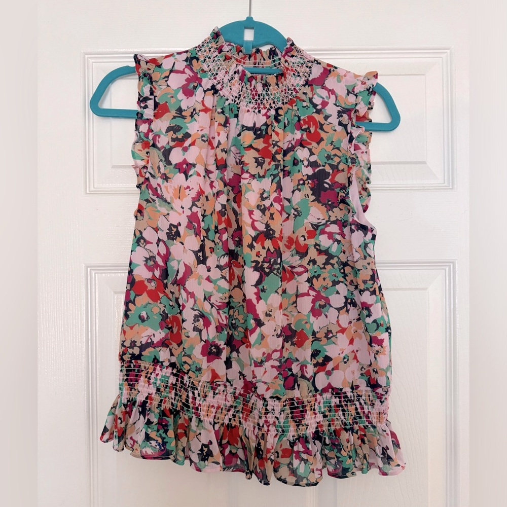 NWT J.Crew Sleeveless Mockneck Smocked Blouse in Splatter Floral Size 8